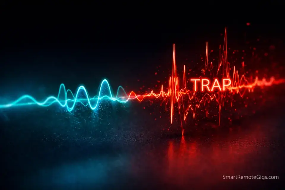 A holographic audio waveform splitting into smooth and chaotic paths, representing the audio quality trap in transcription.