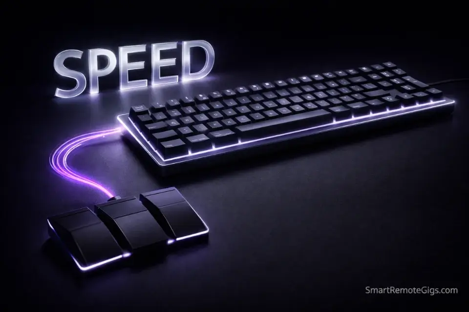 A high-tech mechanical keyboard and USB foot pedal setup for maximizing transcription speed and income.