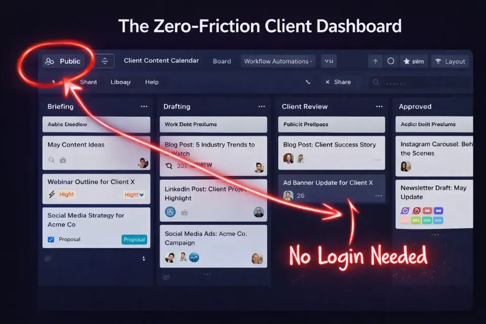 Annotated screenshot of a Trello Kanban board set to public visibility for seamless client review.