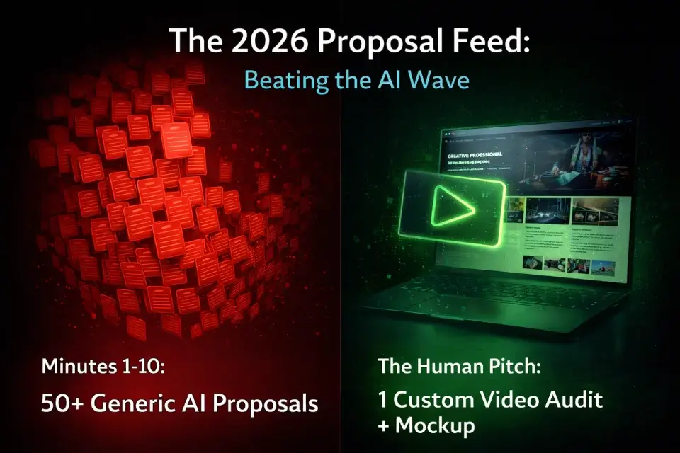 Infographic comparing the flood of generic AI Upwork proposals to a highly targeted, human pattern-interrupt proposal.