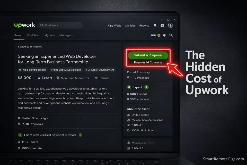 Screenshot of an Upwork job posting highlighting the high Connects cost required just to submit a proposal.
