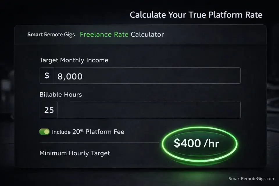 Screenshot of the Smart Remote Gigs freelance rate calculator used to determine true take-home earnings on Upwork and Fiverr after 20% platform fees.