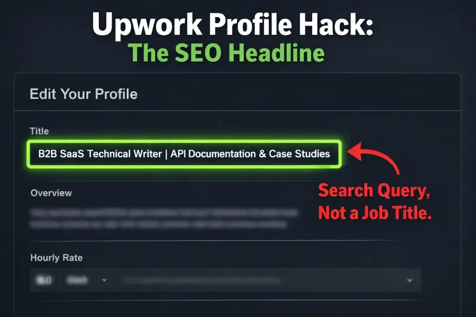 Annotated screenshot showing an SEO-optimized Upwork profile title designed to rank in client search results.