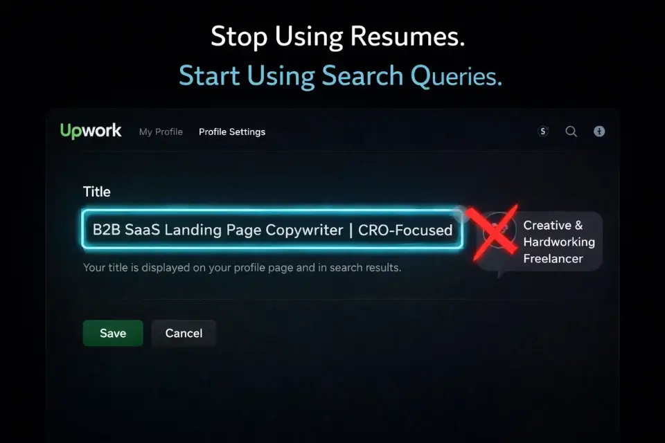 Annotated screenshot of an Upwork profile showing a hyper-specific, keyword-optimized title for inbound search.