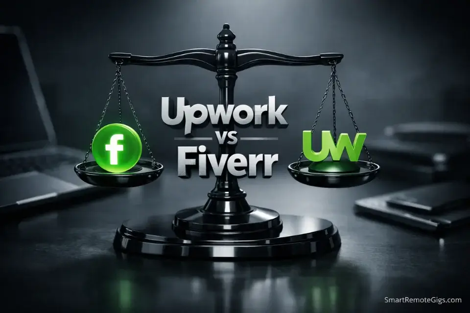 3D cinematic illustration comparing Upwork vs Fiverr on a sleek digital scale of justice for 2026 freelance platforms.