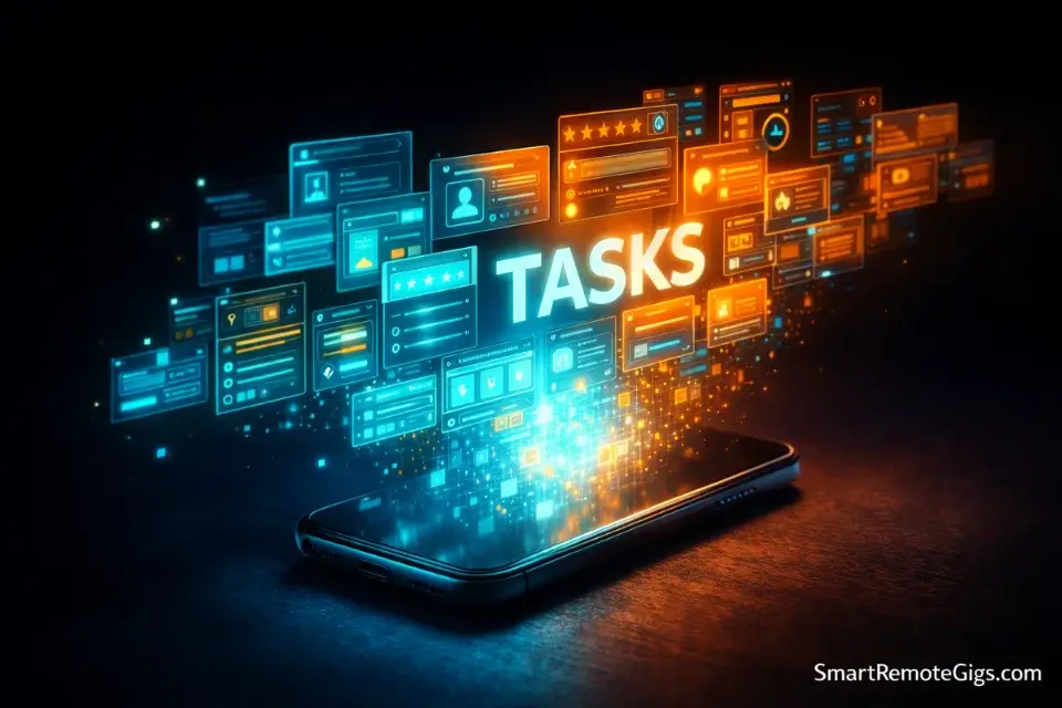 A smartphone projecting glowing holographic data cards and UI interfaces, representing app testing and micro-tasks.