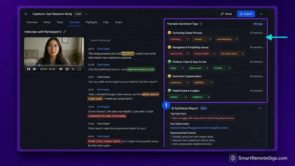Real UX research assistant qualitative analysis dashboard with sentiment tagging for English majors.