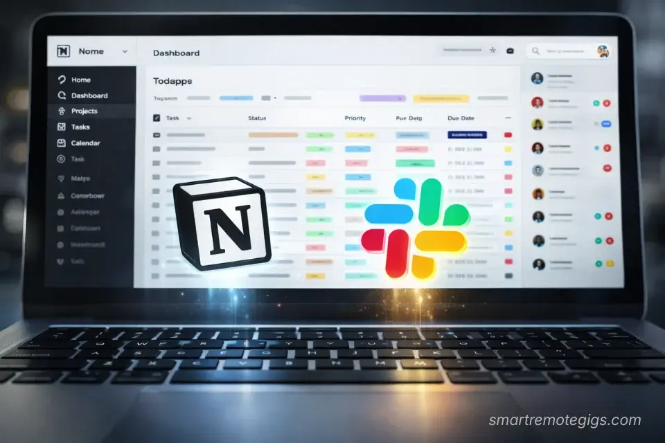 A laptop running essential virtual assistant software: Notion and Slack.