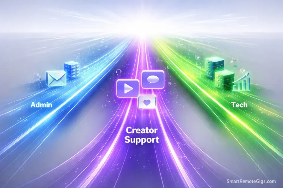 Three distinct career paths for virtual assistants: Admin, Creator Support, and Tech Specialist.