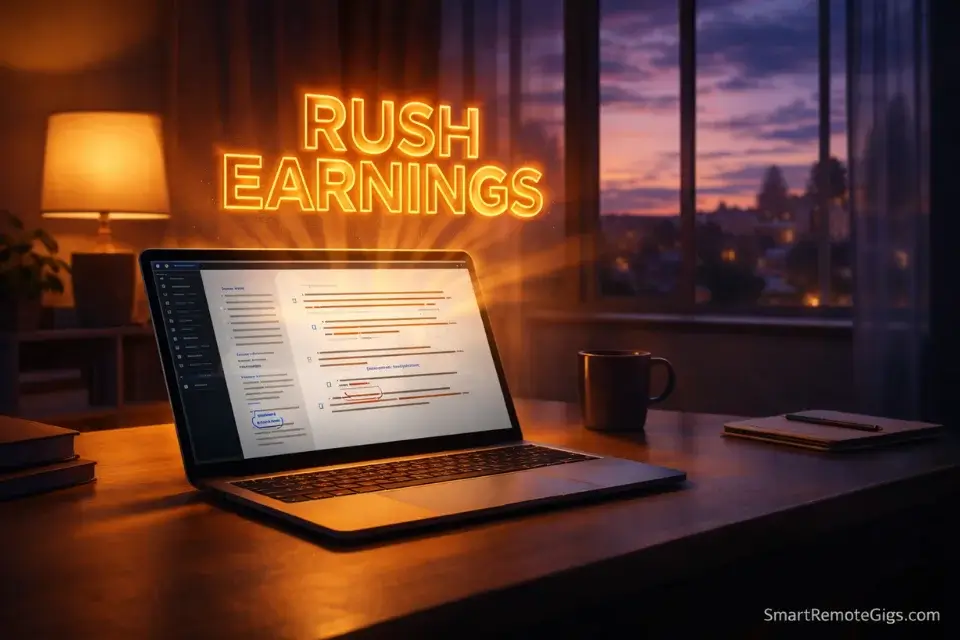 A cozy Sunday evening remote setup for content editing with holographic text "RUSH EARNINGS".