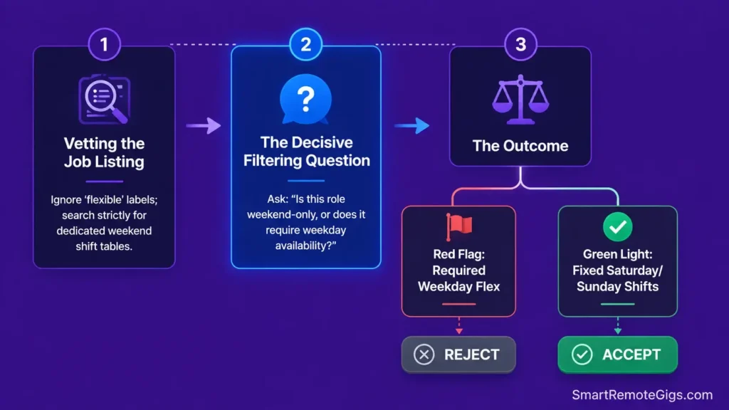Filtering decision-tree diagram showing how to screen out remote jobs that falsely claim to be weekend-only.