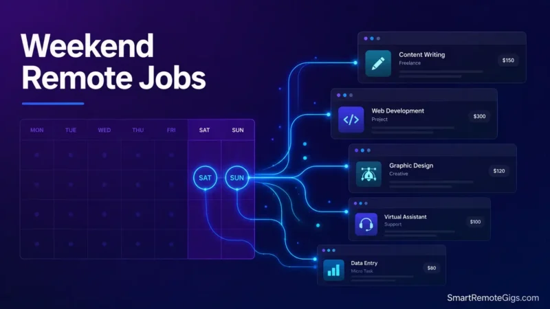 Premium tech editorial illustration of weekend remote jobs in 2026 showing an abstract schedule grid and data pathways.