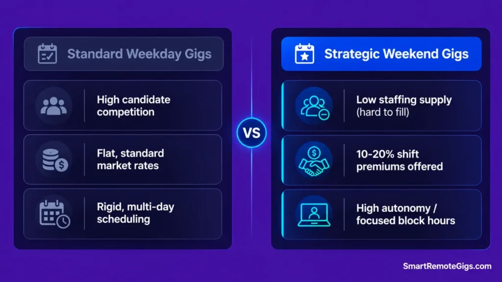 Comparison infographic showing why weekend remote jobs offer higher premiums and lower competition compared to weekday gigs.