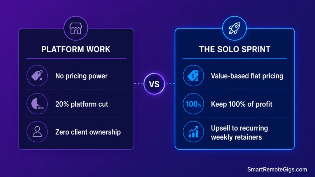 Framework infographic comparing low-barrier platform work with a high-margin weekend solo-service business model.