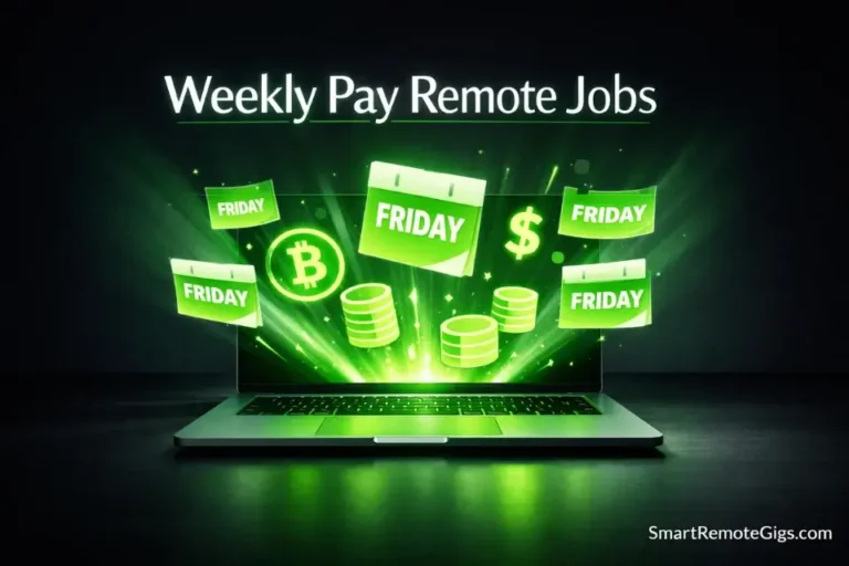 A sleek laptop emitting glowing green calendar pages representing weekly pay remote jobs for beginners.