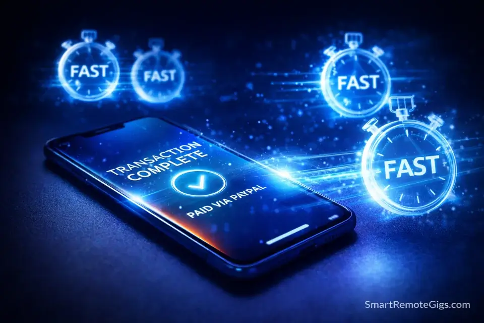 A smartphone displaying a fast digital payment confirmation with floating stopwatches.