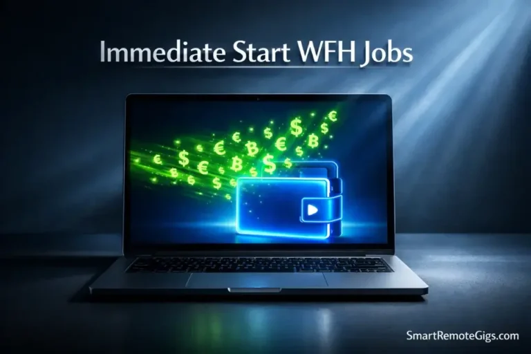 A sleek laptop showing instant digital currency transfers, representing WFH jobs with immediate start and weekly pay.