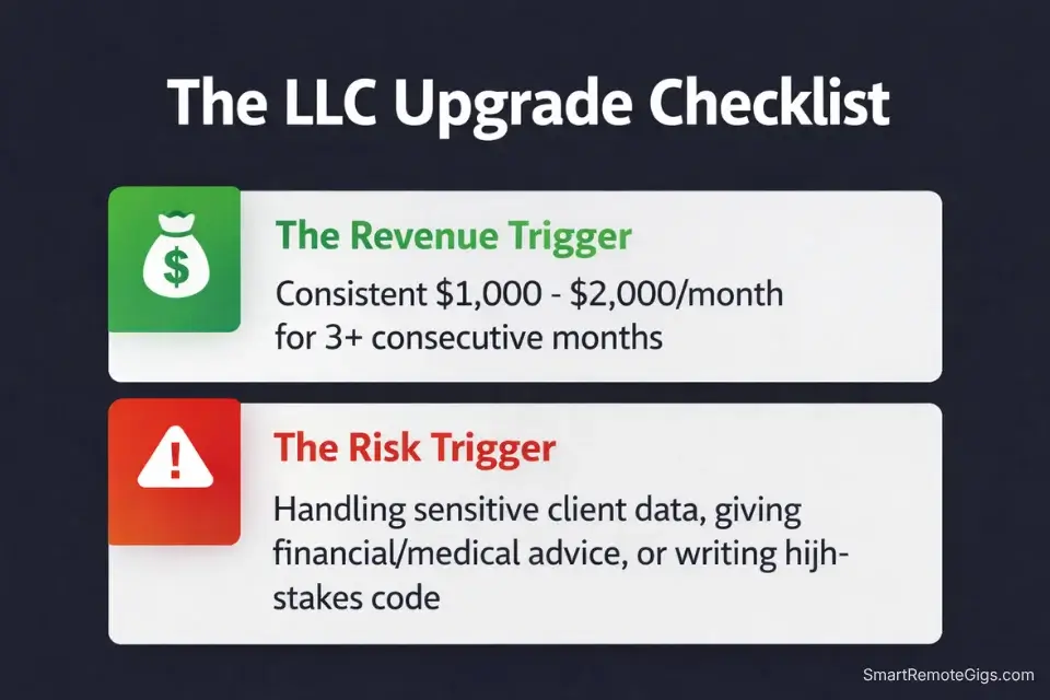 A checklist infographic detailing the revenue and risk triggers that signal when a freelancer should upgrade to an LLC.