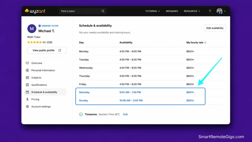 A real screenshot of the Wyzant tutor scheduling interface configured for Saturday and Sunday morning sessions.