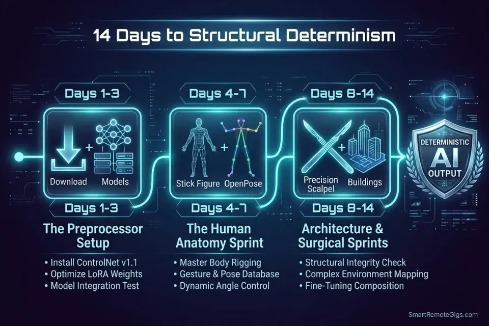 A 14-day roadmap infographic detailing the steps to master ControlNet preprocessors, OpenPose skeletons, and Depth inpainting.