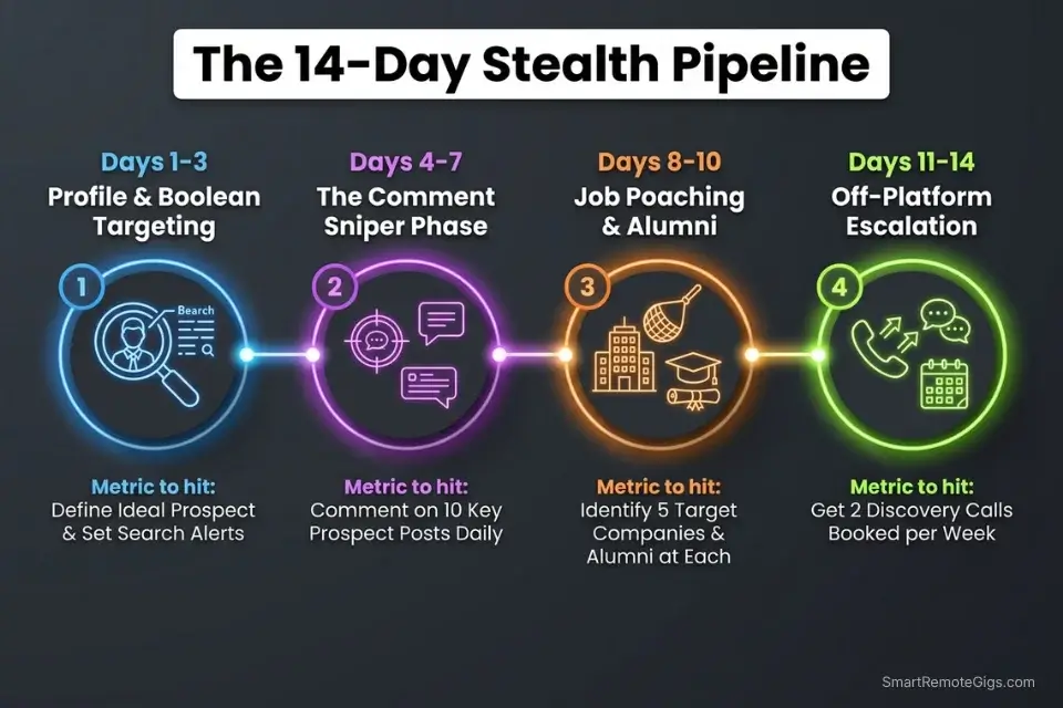 A 14 day timeline roadmap detailing the daily execution plan for how to find clients on linkedin without posting.