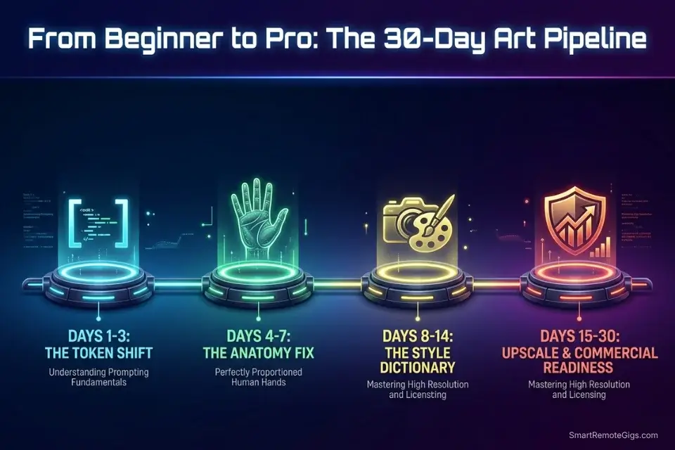 30-day roadmap for beginners to learn AI art generation, master negative prompts, and deliver commercial-ready assets.