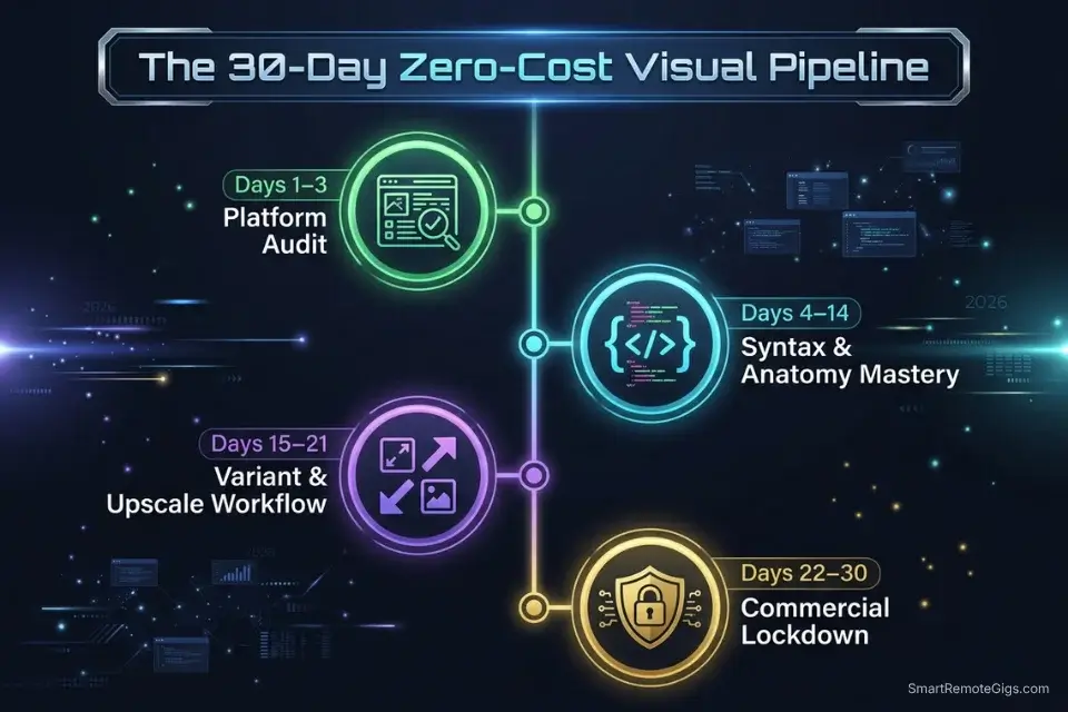 30-day roadmap for mastering free AI art generators, prompt syntax, and commercial rights compliance.
