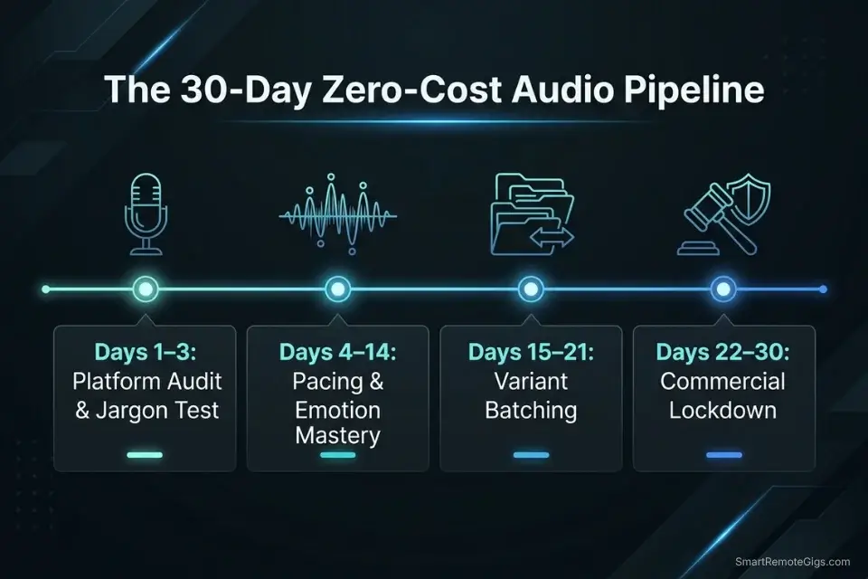 30-day roadmap for mastering free AI voice generators, pacing syntax, and YouTube commercial rights.