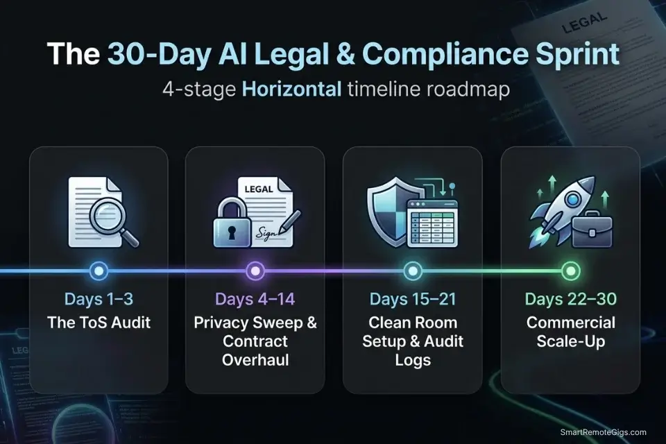30-day execution plan timeline for securing AI commercial rights, data privacy, and locking down freelance contracts.