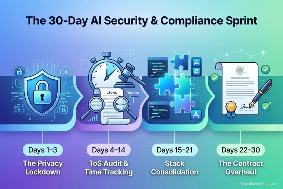 30-day execution plan timeline for securing data privacy, auditing Terms of Service, and locking down freelance AI contracts.