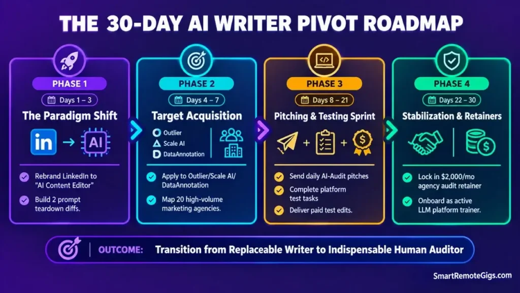 Roadmap infographic showing the 30-day plan to transition from freelance content writer to AI editor and prompt trainer.
