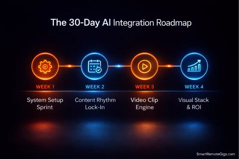 A 30-day step-by-step roadmap for implementing AI social media tools and workflows.
