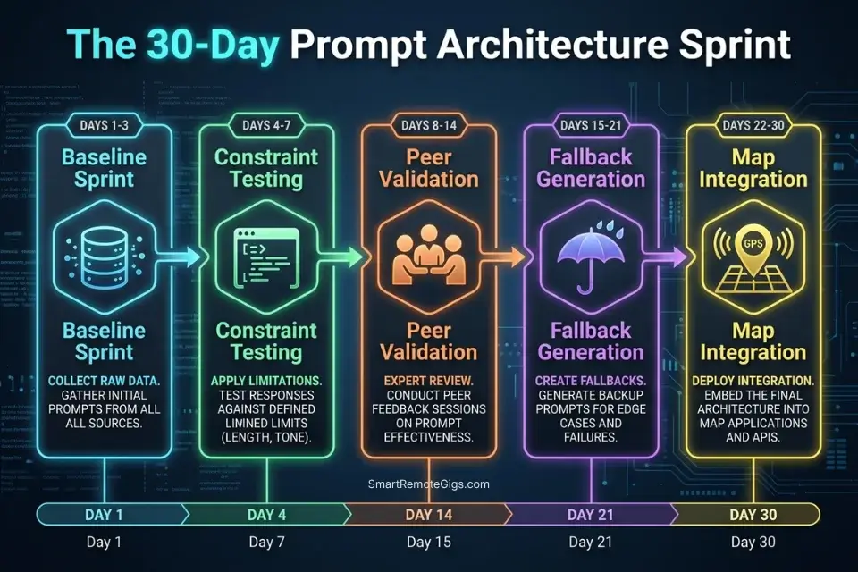 A 30-day execution timeline showing the step-by-step workflow for testing and refining an AI travel planner prompt before departure.