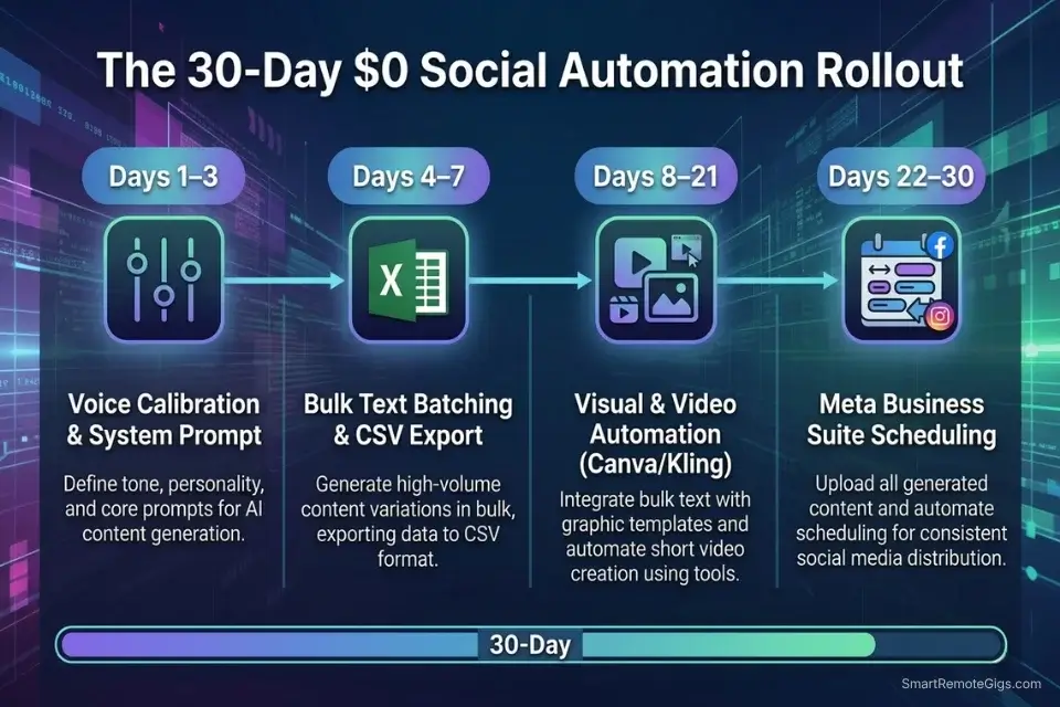 30-day roadmap for automating social media content creation using a decoupled free AI tool stack.