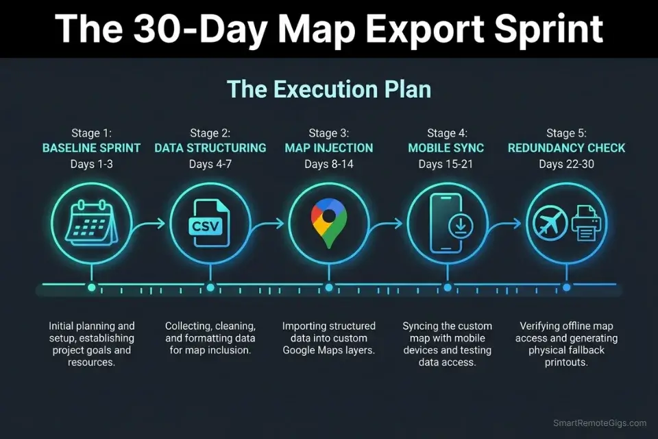 A 30-day execution timeline flowchart showing the step-by-step workflow to export an AI travel itinerary to Google Maps for offline use.