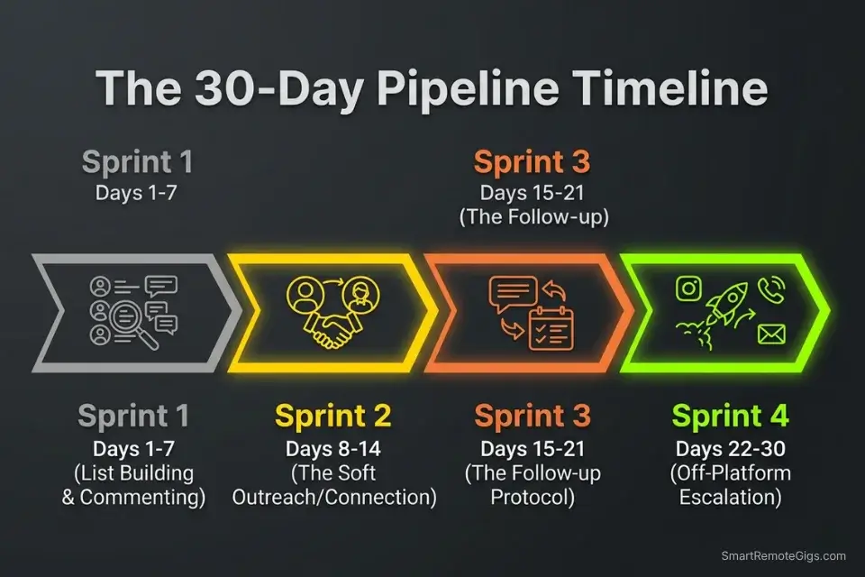 A 30 day timeline roadmap detailing the daily execution plan for a successful linkedin cold messaging script for freelancers.