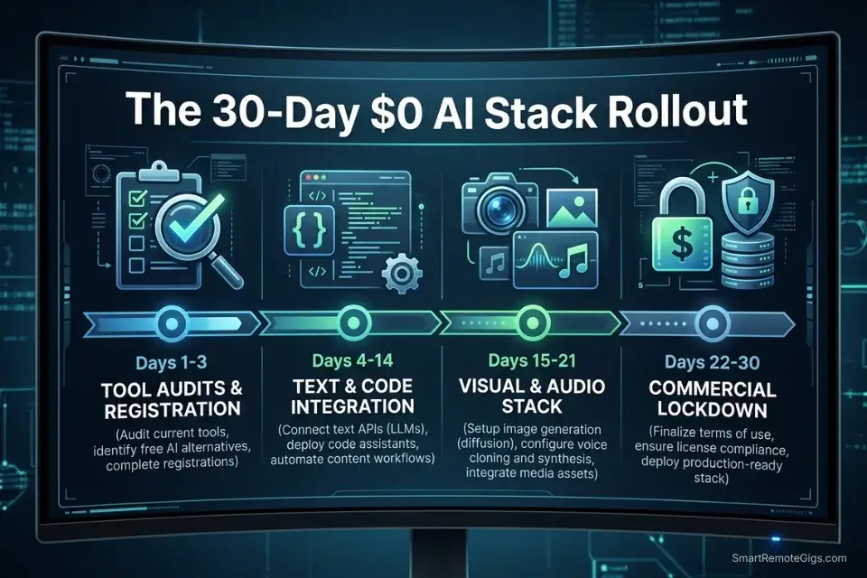 30-day execution plan timeline roadmap for setting up a completely free, commercially viable AI tool stack.