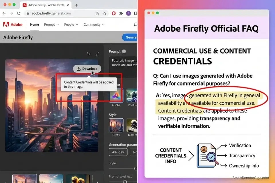 Screenshot of Adobe Firefly confirming content credentials and commercial use rights on free AI generated outputs.