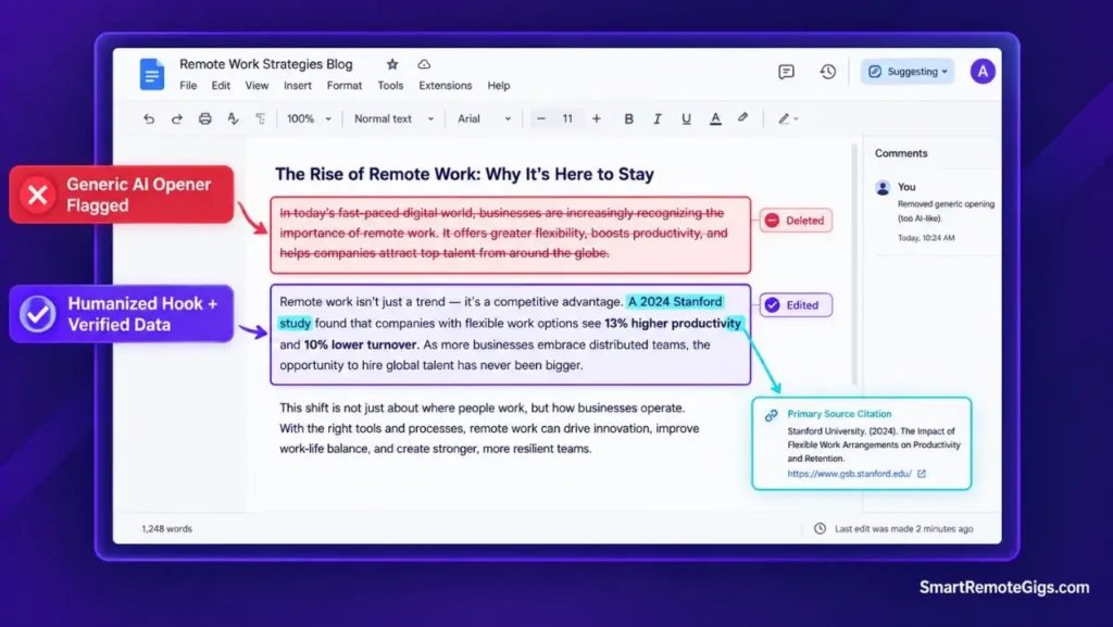 Google Docs screenshot demonstrating an agency AI content audit and humanized rewrite in suggesting mode.