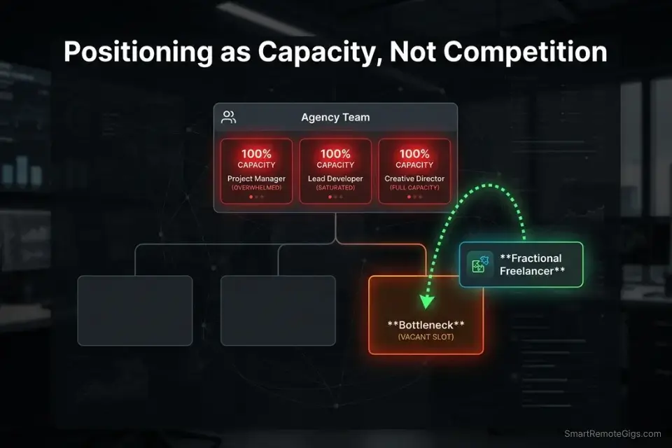 Infographic showing how to position freelance services as overflow capacity to agency directors using a linkedin cold messaging script for freelancers.