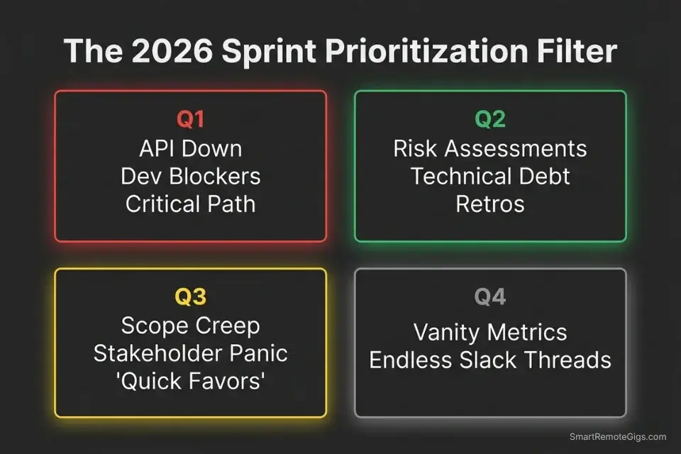 The four quadrants of the Eisenhower Matrix adapted specifically for Agile project managers and sprint routing.