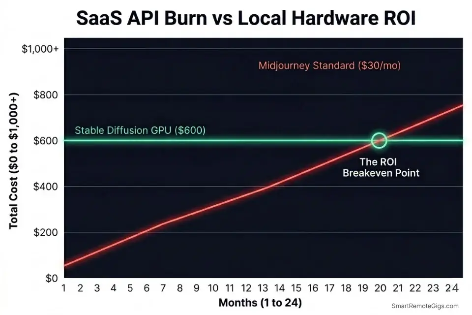 Line graph comparing the recurring monthly cost of Midjourney against the one-time hardware investment for local Stable Diffusion.