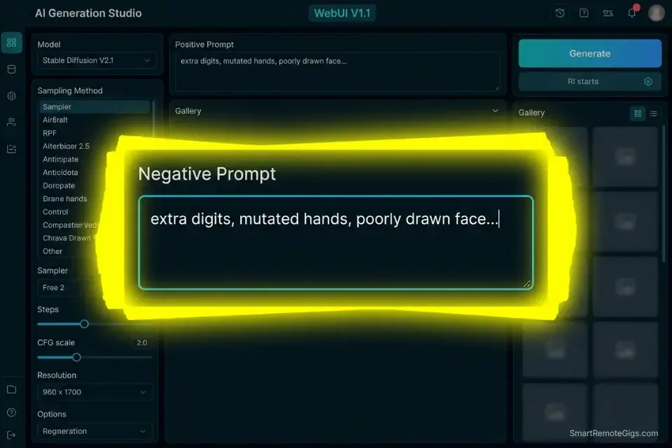 Screenshot highlighting the location of the Negative Prompt text box in an AI image generator to prevent distorted hands and extra fingers.
