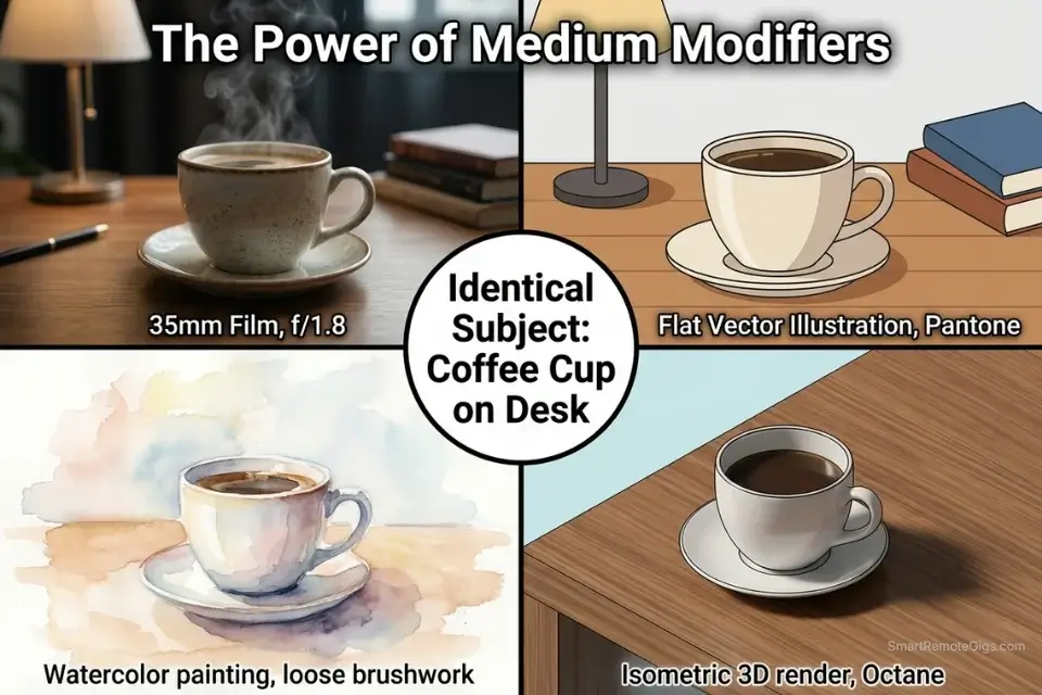4-panel visual matrix showing the same coffee cup subject rendered in four different AI art styles using specific medium modifiers.