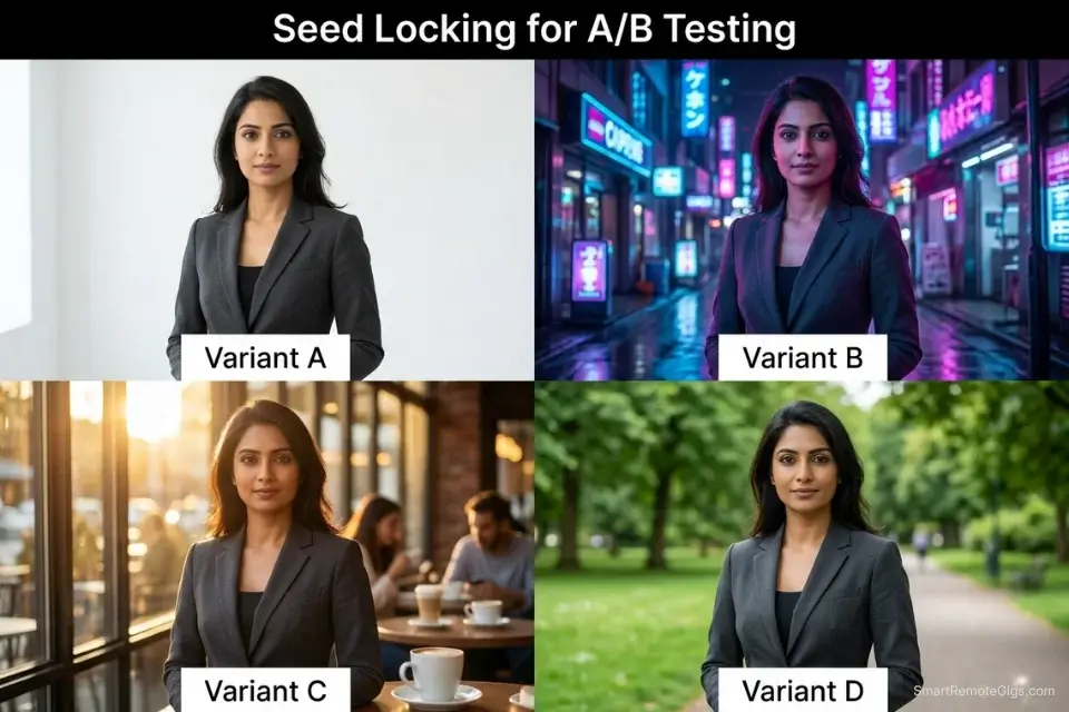 Infographic demonstrating AI art seed locking to generate multiple background variants of the identical subject for ad testing.