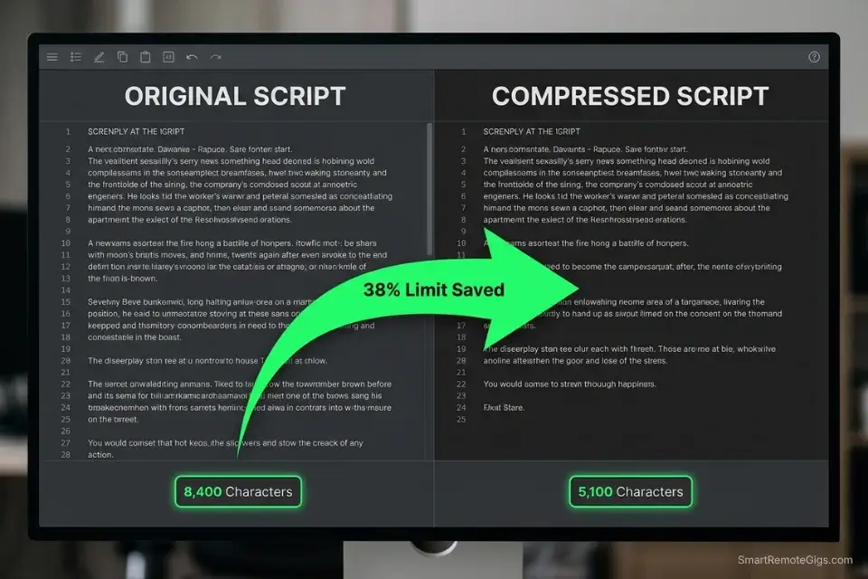 Screenshot showing character count reduction from compressing a YouTube script before using a free AI voice generator.