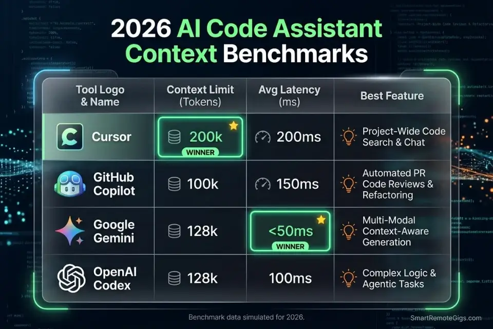 Comparison matrix showing context limits and latency for the best AI code assistants like Cursor and GitHub Copilot.