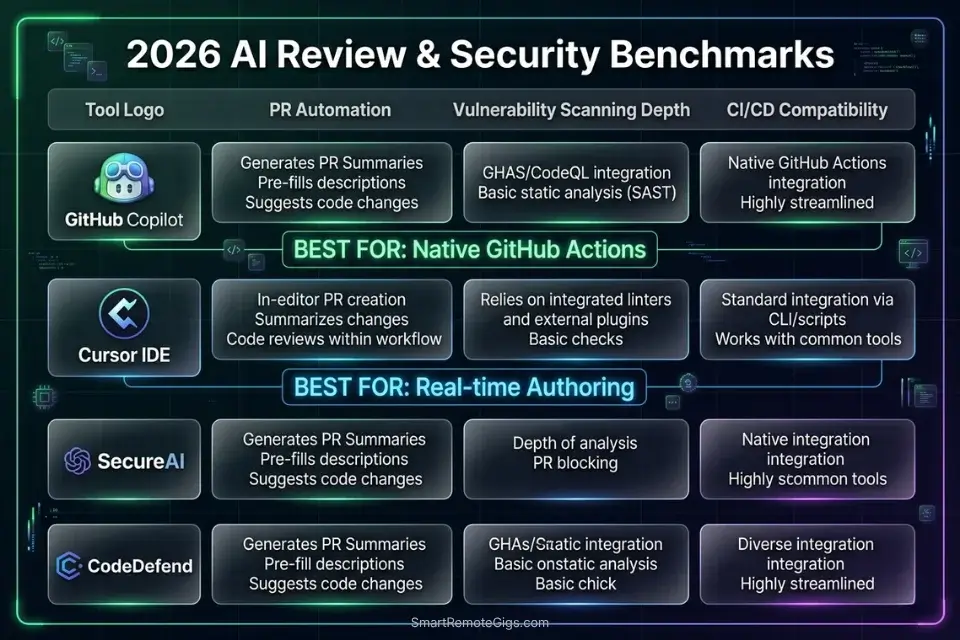 Feature matrix comparing the best AI code review tools across PR automation, vulnerability scanning, and CI/CD compatibility.