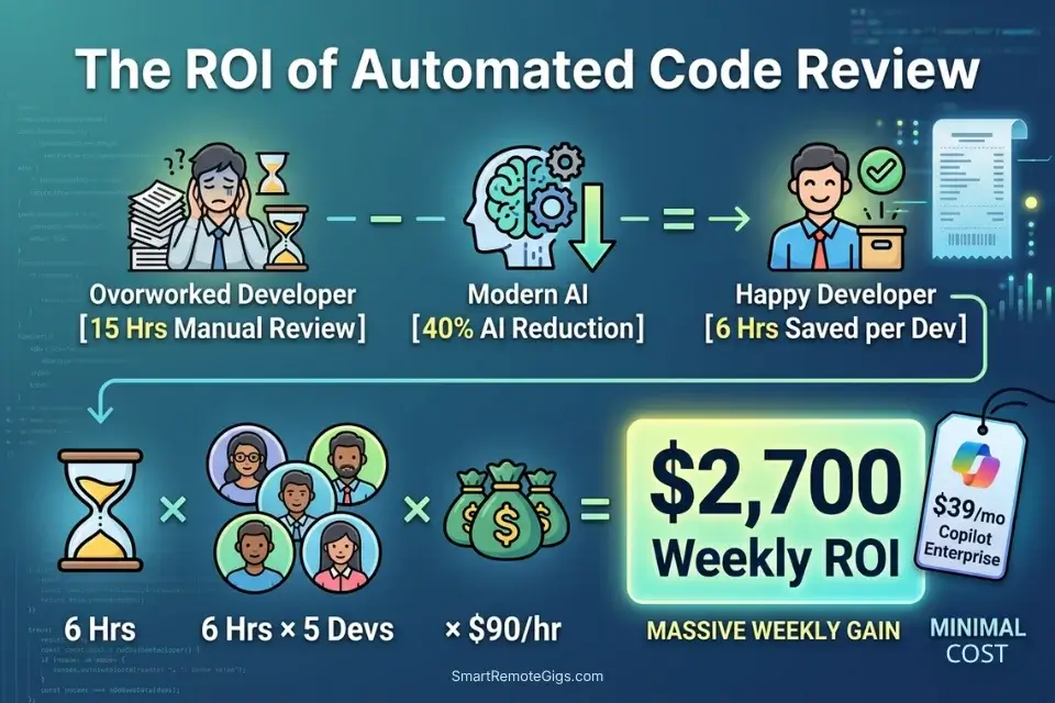  Financial breakdown demonstrating the massive ROI of deploying AI code review tools to reduce manual engineering QA hours.