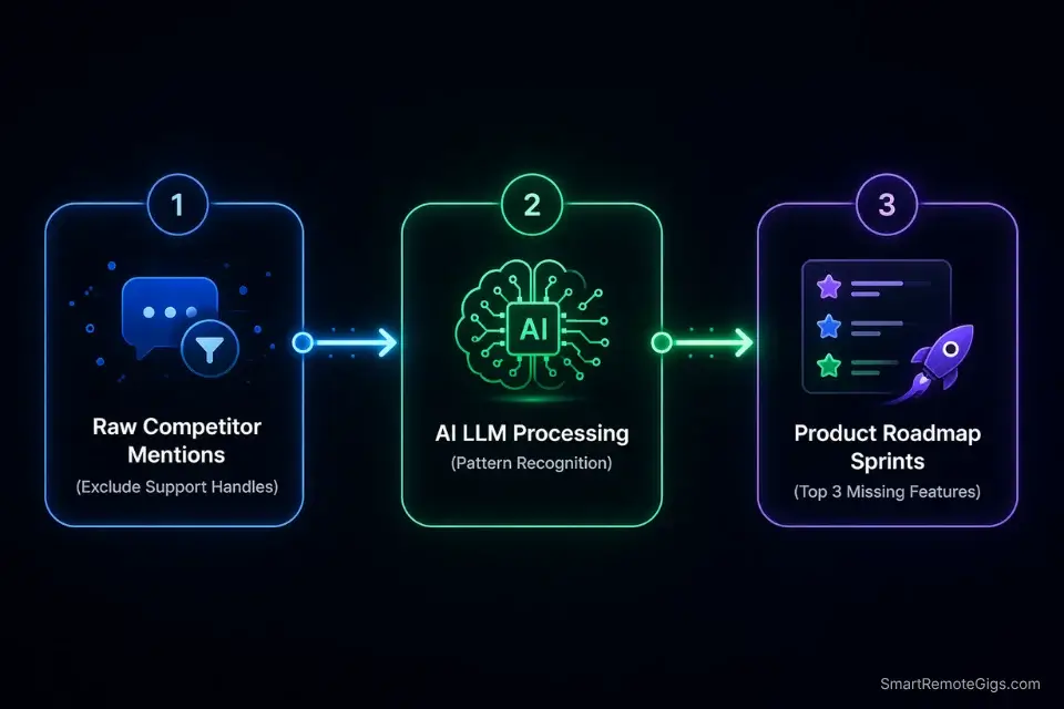 Flowchart illustrating how to pipe competitor mentions from AI social listening tools into actionable product roadmap features.